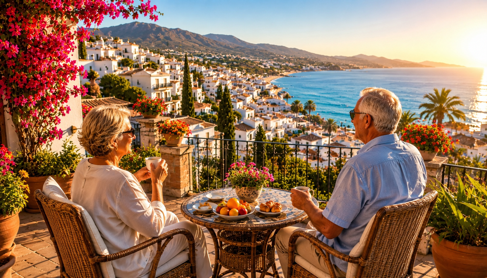 Retired couple enjoying breakfast on a terrace overlooking the Mediterranean Sea and a traditional Spanish coastal town.
