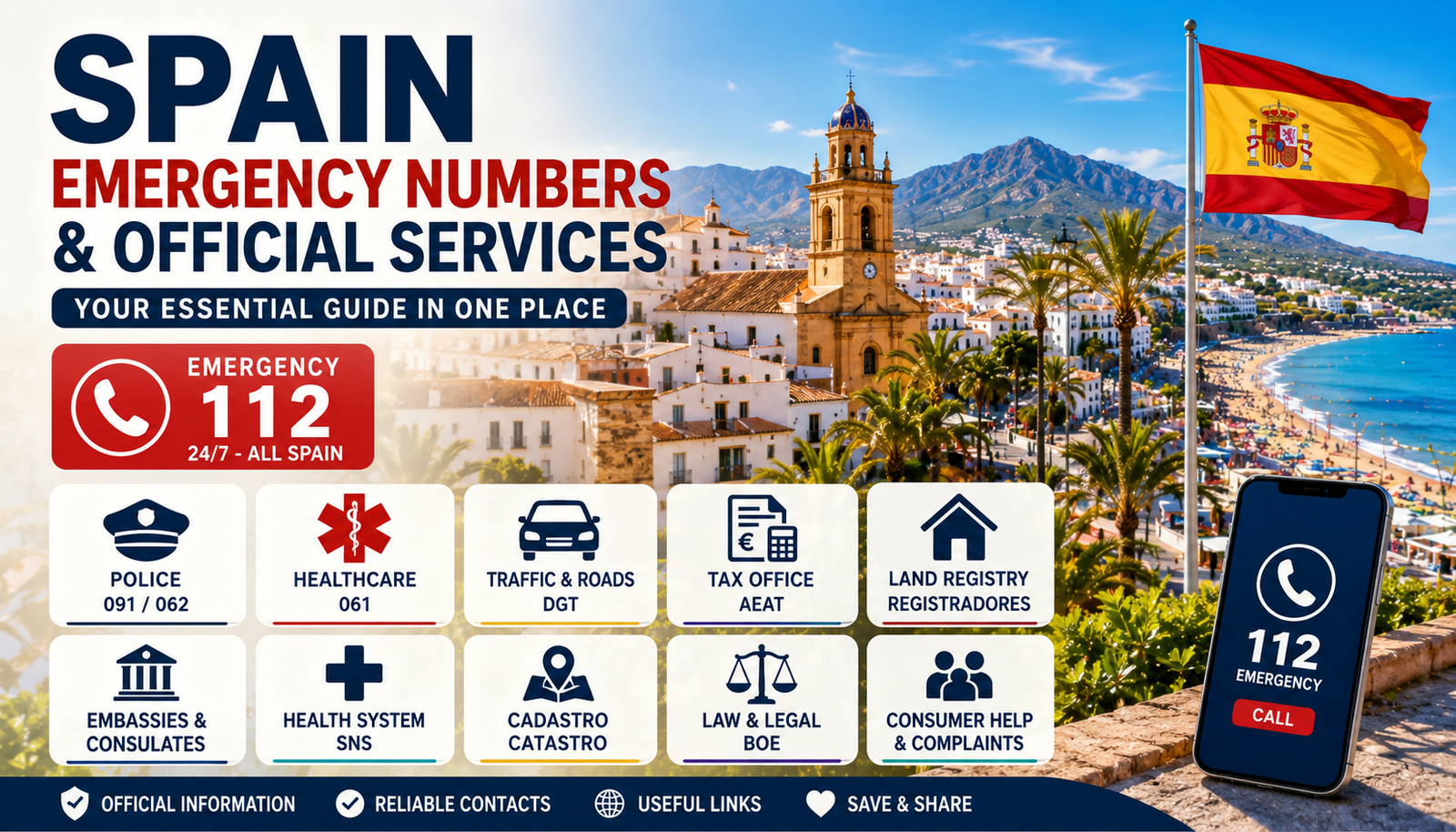Spain emergency numbers infographic showing 112, police, healthcare, tax office, land registry, embassies and official government services in Spain.