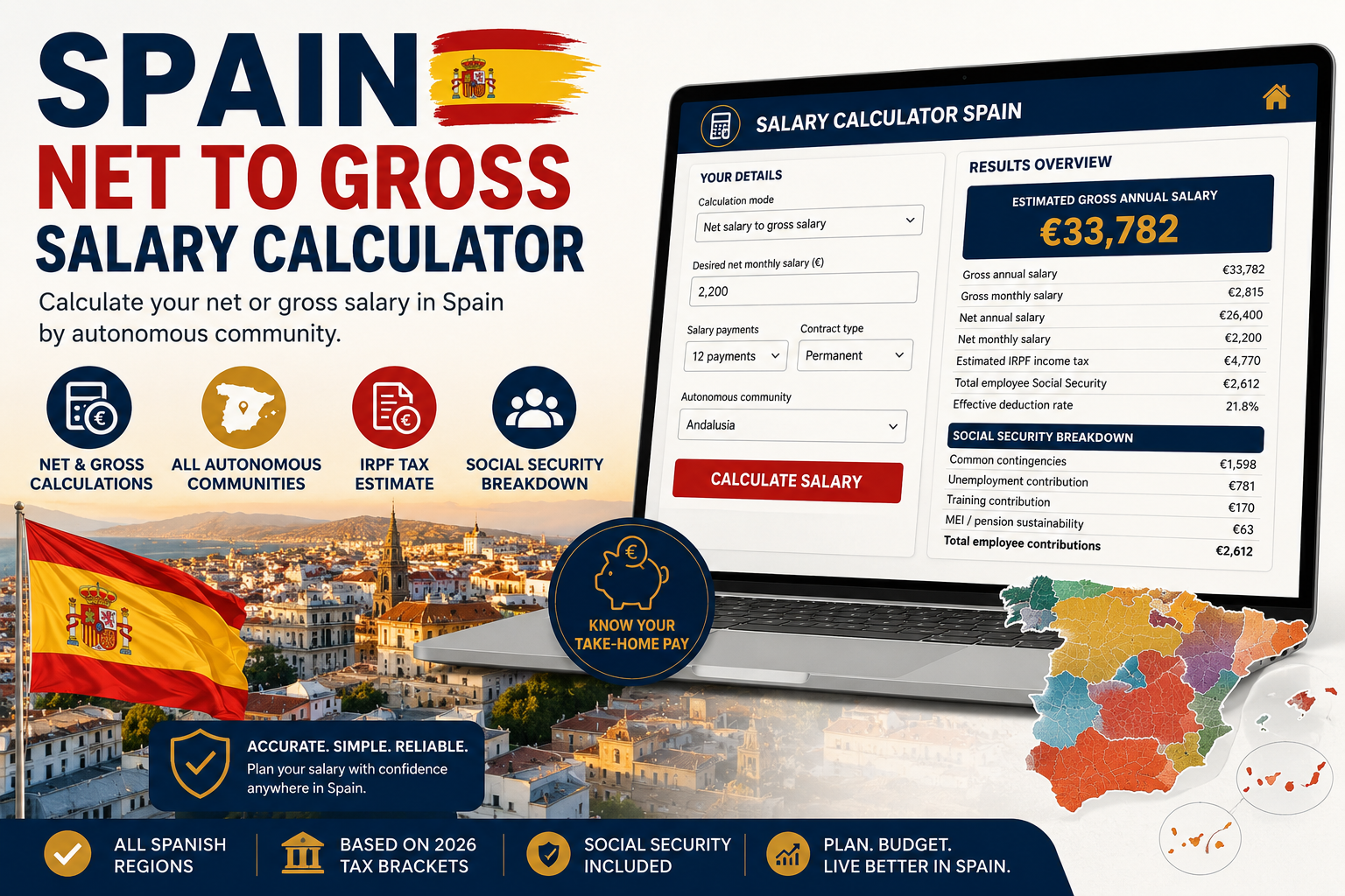 Spain net to gross salary calculator showing estimated take-home pay, IRPF income tax, Social Security contributions and autonomous community selection.