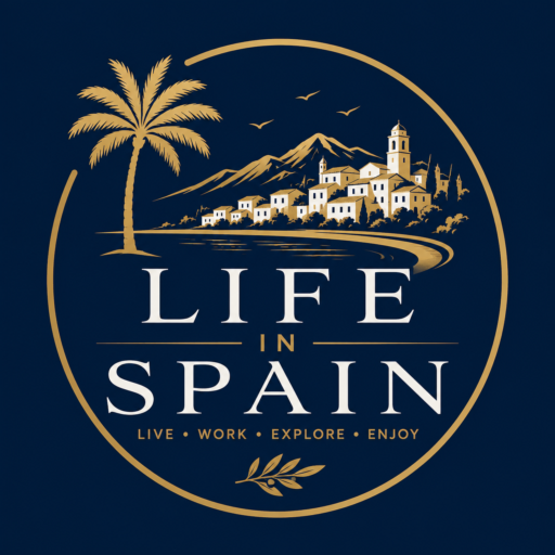 Life in Spain website logo featuring a Mediterranean coastal village, palm tree, mountains and elegant navy blue and gold design inspired by Spanish lifestyle and culture.