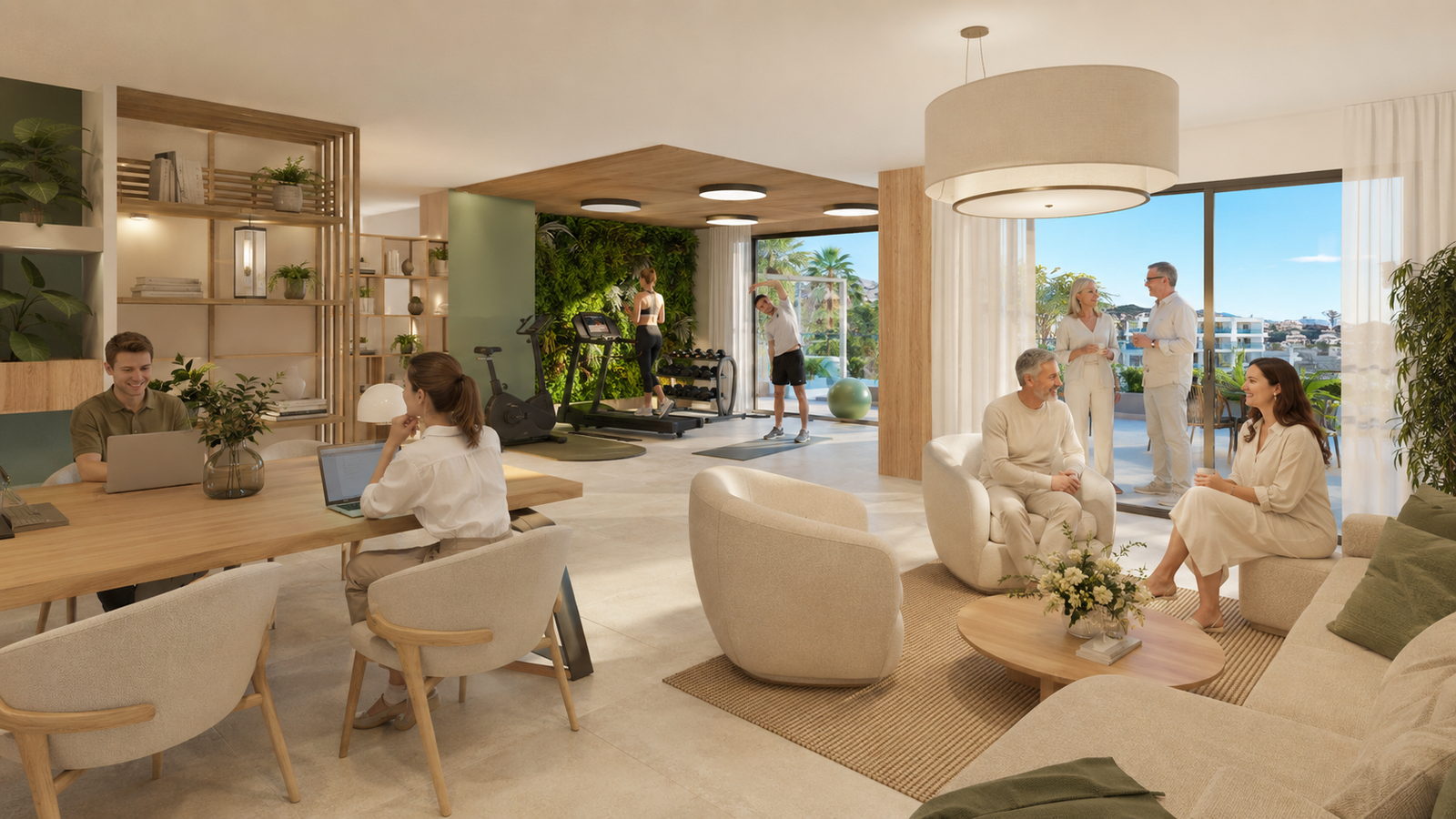 Modern new development in Spain with coworking area, gym, community lounge and happy residents on the Costa del Sol