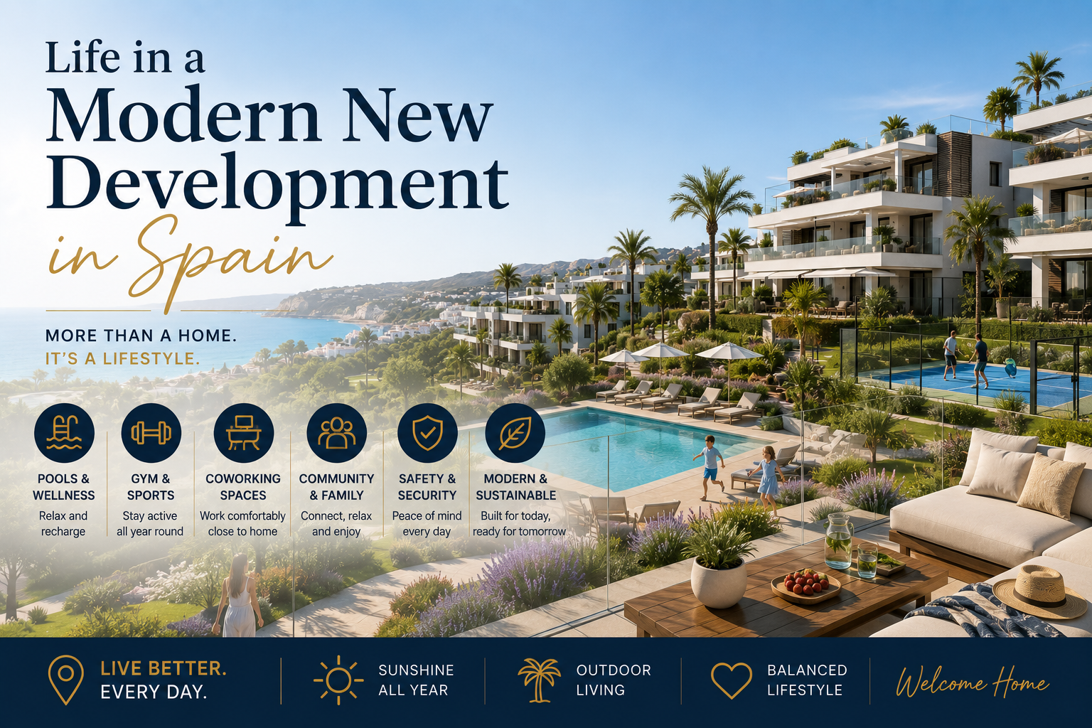 Life in a modern new development in Spain with swimming pools, sports facilities, coworking spaces and landscaped gardens